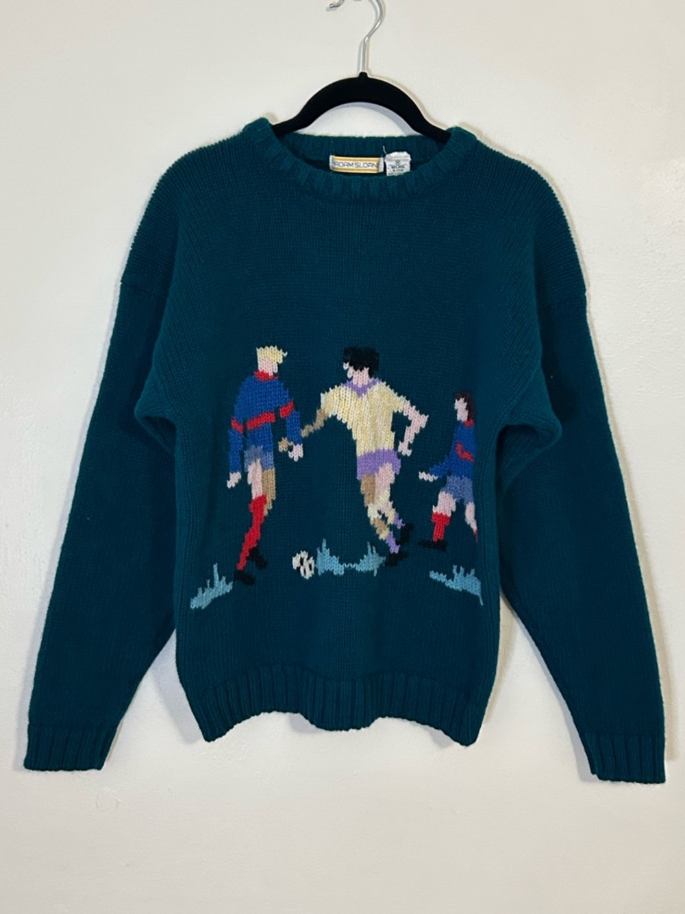 Vintage Teal Wool Crewneck Sweater with Soccer Design